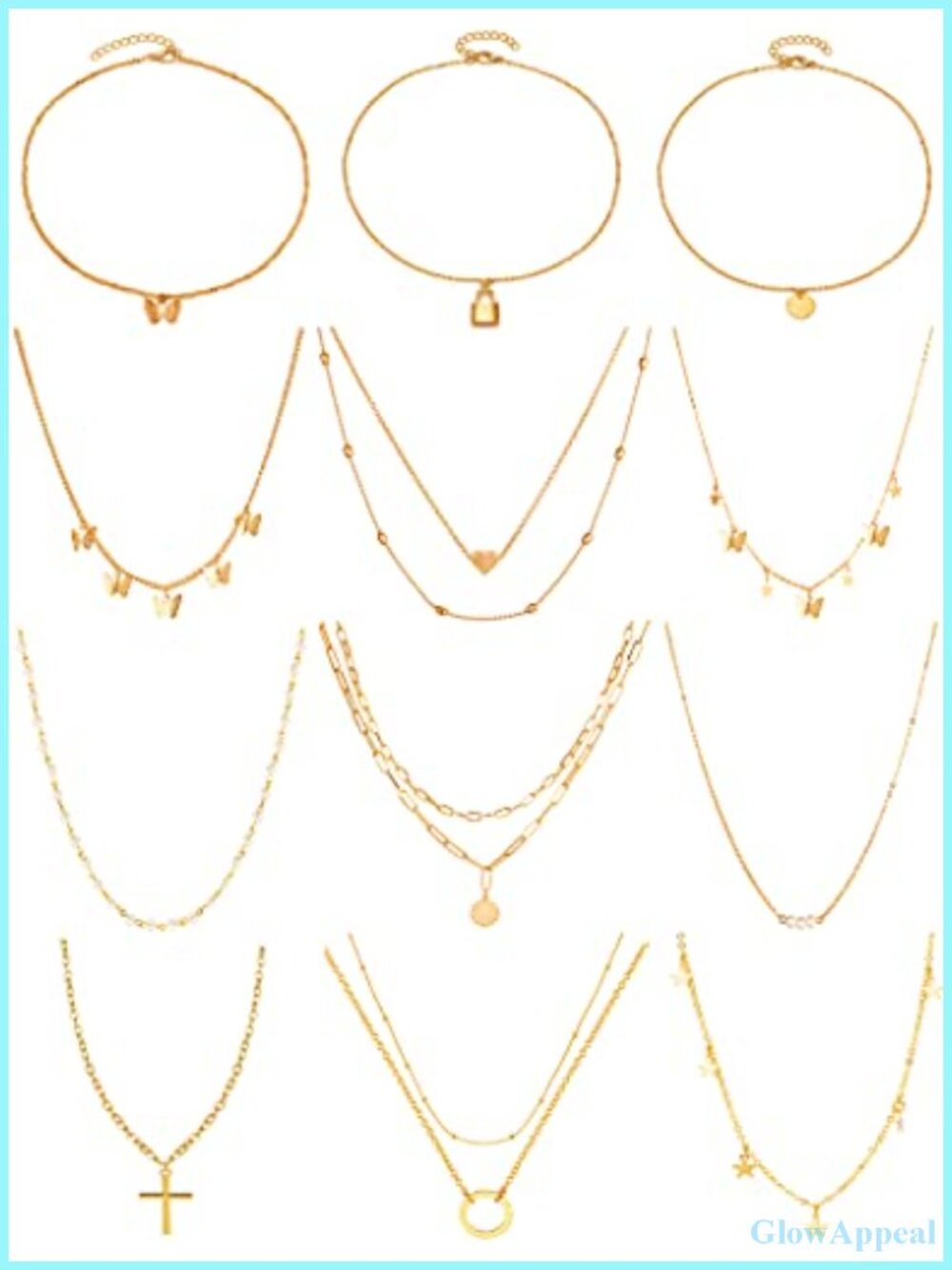 12pc Gold Tone Chain Choker Necklace Set Bead Coin Moon Star Pearl Pendant